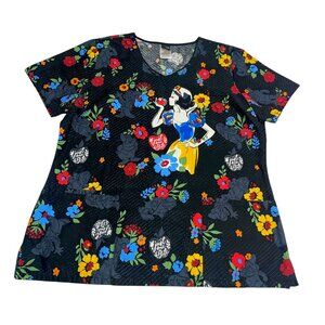Snow White 7 Dwarfs Scrub Top Shirt Disney Black Floral Apple Size Large